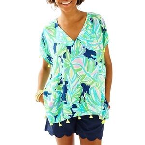 Lilly Pulitzer V-Neck Leaf Print Top in Aqua, Navy & Lime